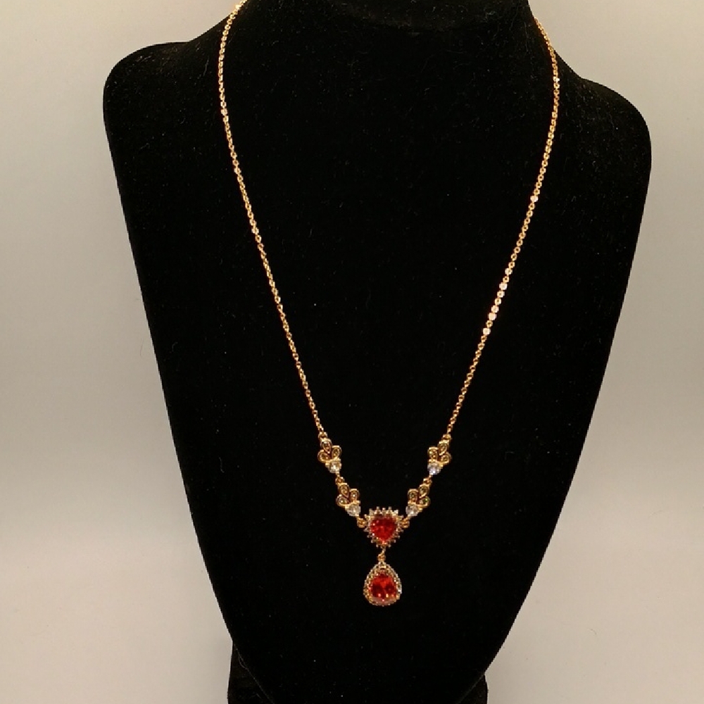 Elegant Gold Tone Red And Clear Crystal Drop Necklace -    16 Inch